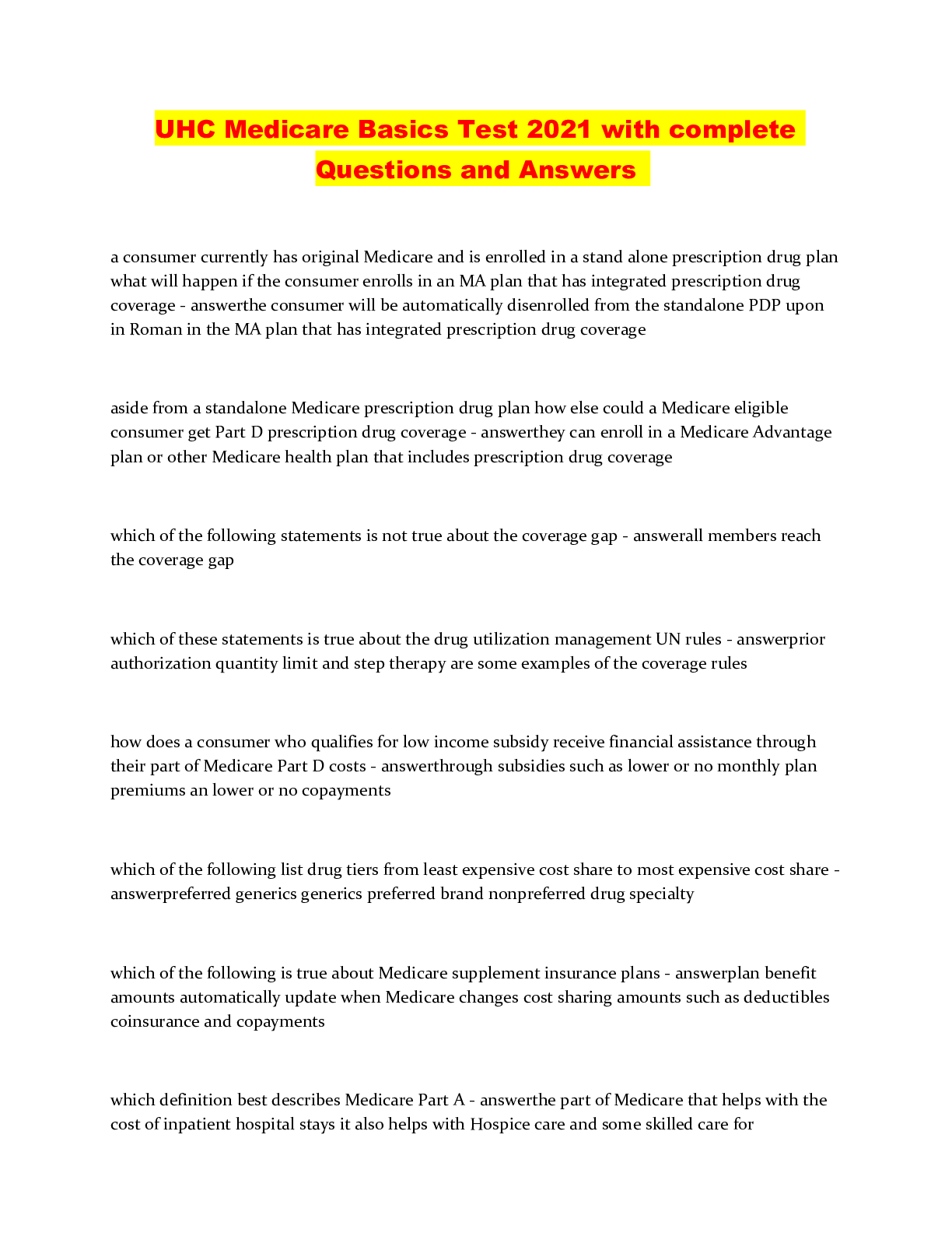 Preview of UHC Medicare Basics Test 2021 with complete Questions and Answers